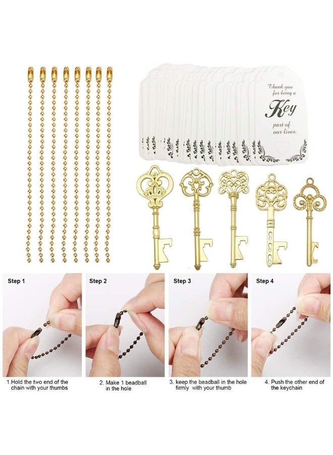 WODEGIFT 50 PCS Key Bottle Openers,Bridal Shower Favors,Rustic Wedding Favors,Gifts,Decorations or Souvenirs for guests Bulk ,Bridal Shower Party Favors with Card Tag and Chains (Gold) - Image 2